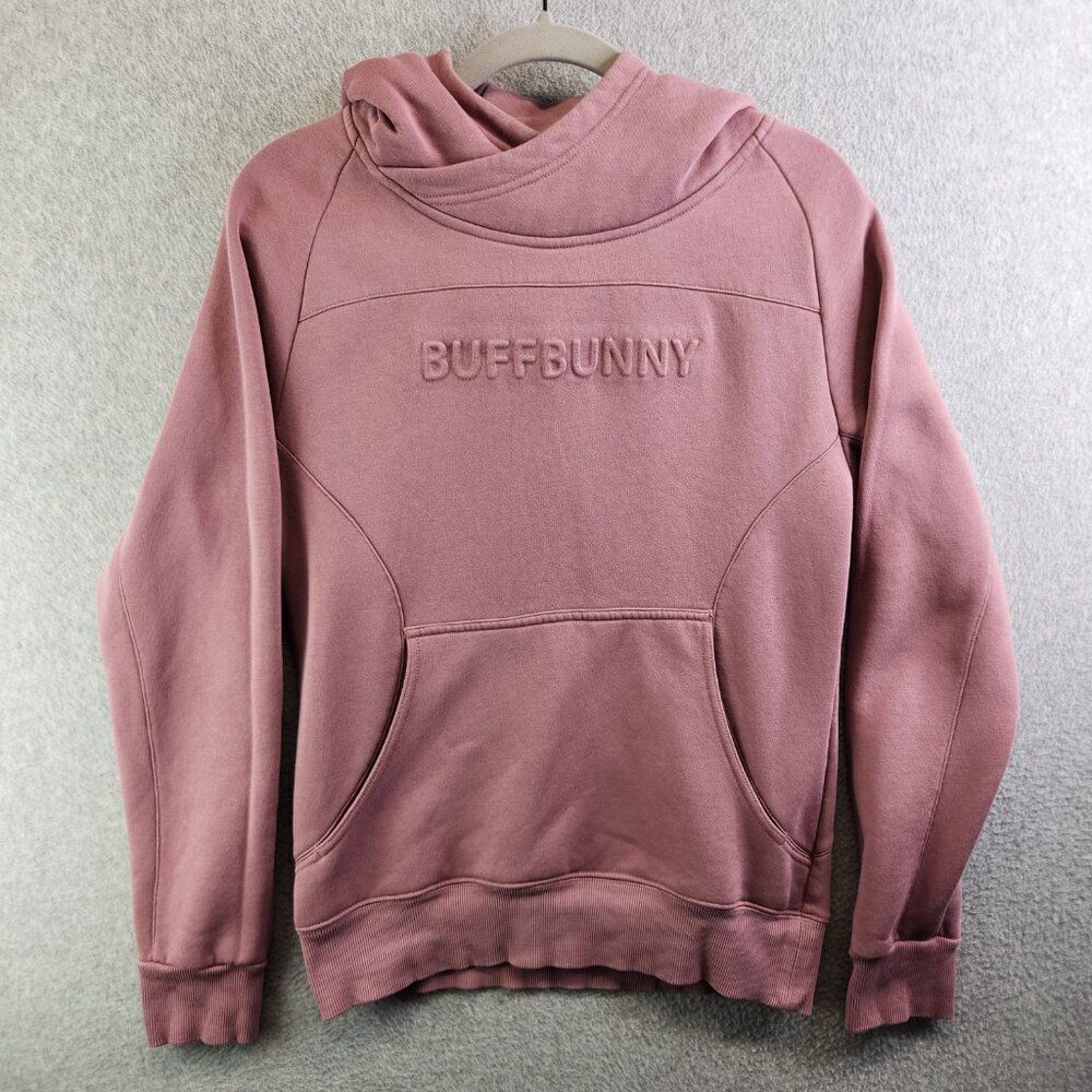Buff Bunny Hoodie Womens M Pink Beyond Cowlneck Embossed Spellout Thumbholes - Picture 16 of 16
